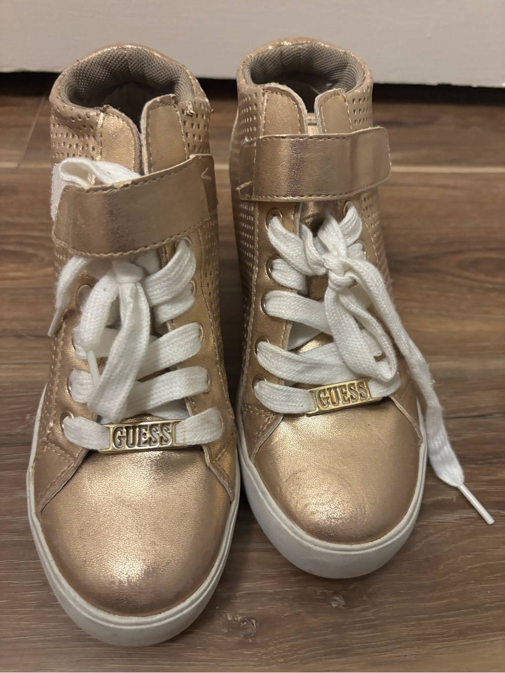 Guess Metallic Rose Gold High-Top Sneakers with White Laces